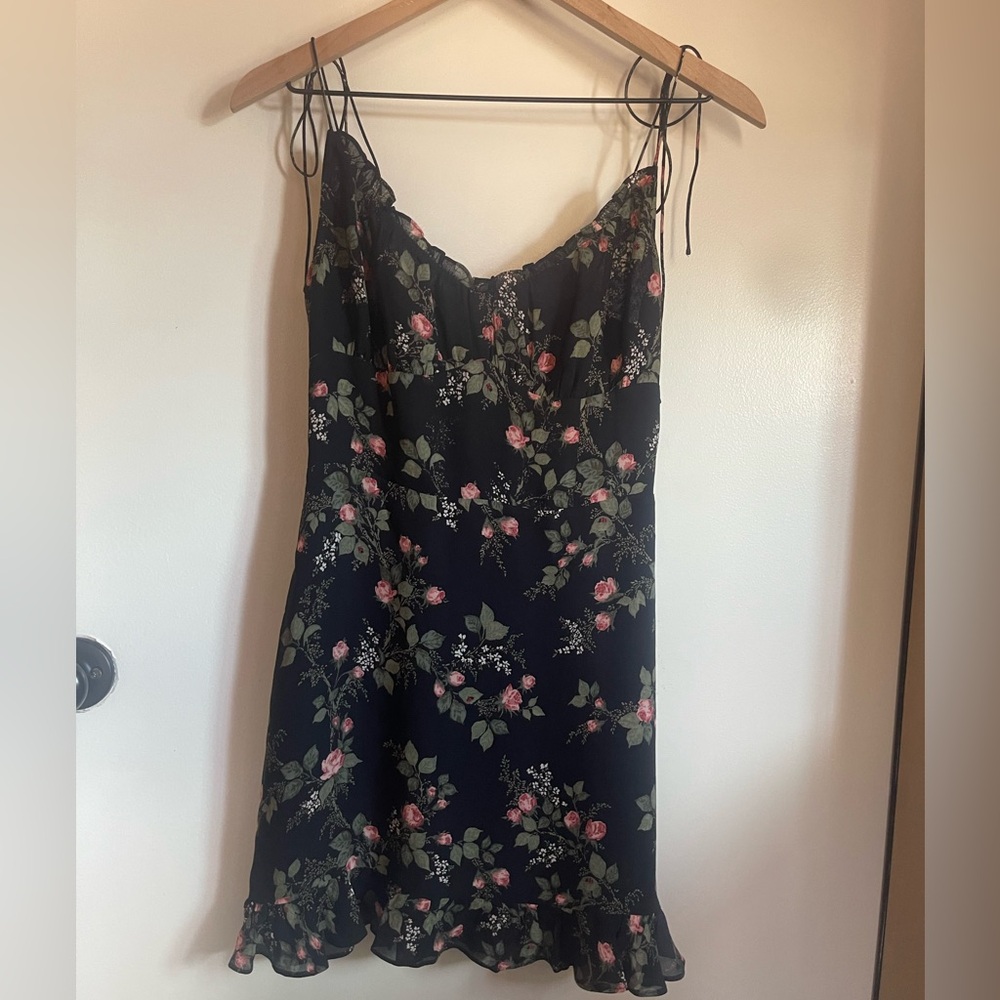 Reformation short Black Dress with pink floral, green leaf, and lady bugs